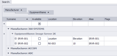 Grid grouped by Manufacturer and EquipmentName fields