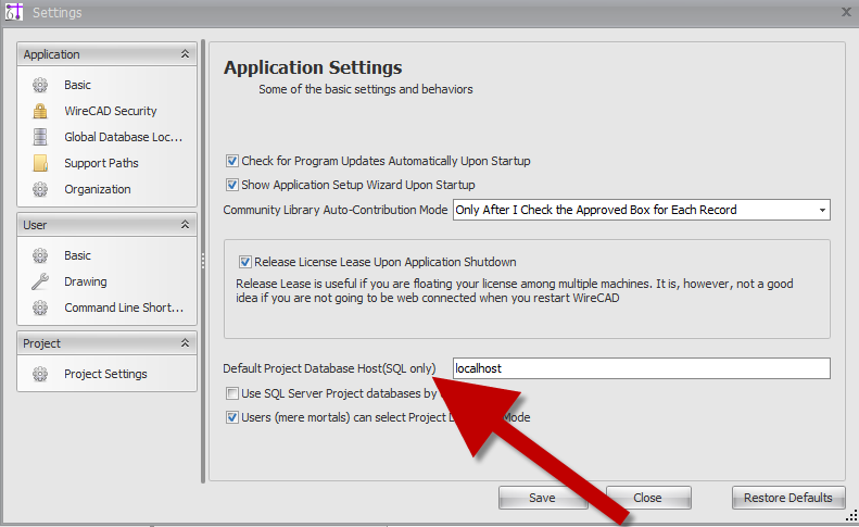 Default Project Database Host (SQL only)